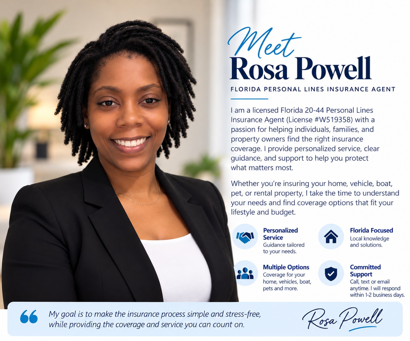 Meet Rosa Powell, Florida personal lines insurance agent. Professional portrait and introduction describing personalized service, Florida focus and responsive support.